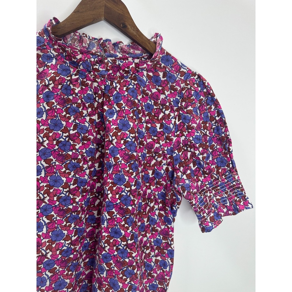 J.Crew Smocked 100% Linen Puff-Sleeve Top in Berry Floral High Neck Blouse XS - Picture 4 of 12
